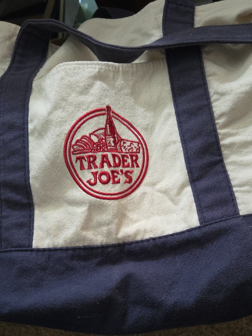 Trader Joe's Cream and Navy Canvas Tote Bag